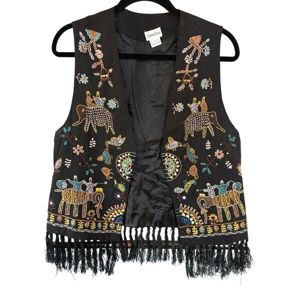 Vtg 80s Embroidered Hippie Vest Boho Fringe Western Festival Elephants Medium - Picture 1 of 10